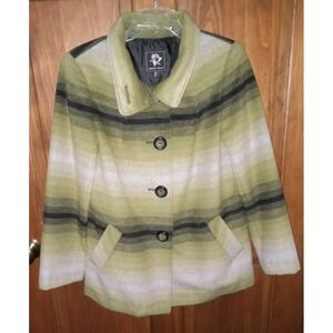 Abbie Mags Small Warm Green Striped Jacket Wool And Polyester Button Up Coat